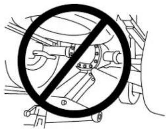 Diagram showing a prohibition symbol crossed out of a vehicle's steering wheel, indicating no steering wheel is blocked.