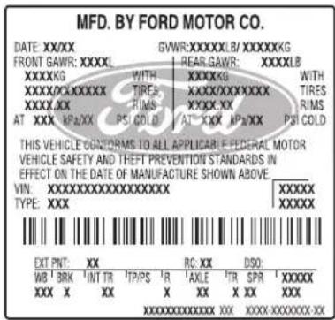 MFD. BY FORD MOTOR CO. DATE: XX/XX GVWR:XXXXXXLB/XXXXXXKG FRONT GAWR: XXXX1 REAR GAWR: XXXXXLB XXXXKG WITH XXXXXG WITH XXXXXXXXXXXX TRES XXXXXXXXXXXX TIRES XXXXXX RIMS XXXXX XX RIMS AT XXX KP2XXX PSI COLD AT XXX AP2XXX PSI COLD THIS VEHICLE CONFORMS TO ALL APPLICABLE FEDERAL MOTOR VEHICLE SAFETY AND…