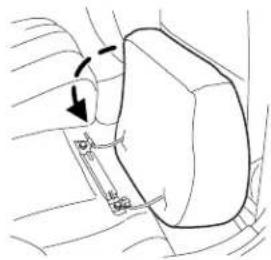 Technical diagram showing a mechanical component with labeled dimensions and rotation arrow