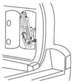 Line drawing of a train interior showing a window with a ladder inside (no text or symbols)