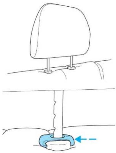 Diagram of a car seat assembly with a blue base and a curved seat, showing no text or symbols.