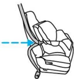 Line drawing of a car seatbelt with a blue arrow indicating direction (no text or symbols)