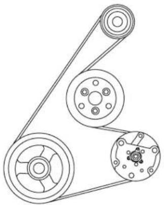 Technical line drawing of a belt drive system with pulleys and gears (no text or labels)