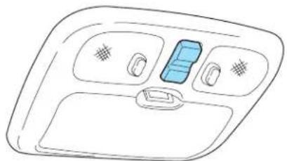 Line drawing of a ceiling-mounted air conditioner unit with control panel and vent slots (no text or symbols)