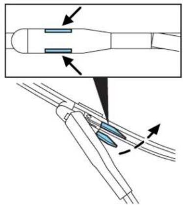 Diagram showing a mechanical component with arrows indicating motion or force direction, no text or symbols present