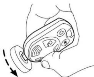 Line drawing of a hand holding a handheld device with a circular button and control buttons (no text or symbols)
