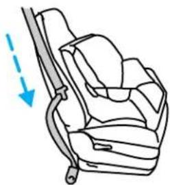 Line drawing of a car seatbelt with a blue arrow indicating direction (no text or symbols)