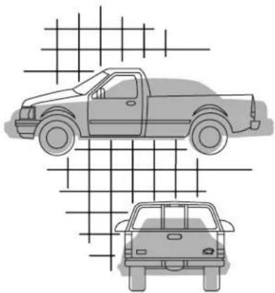 Side-view technical illustration of a pickup truck and its front view, showing front and rear views with no text or symbols.