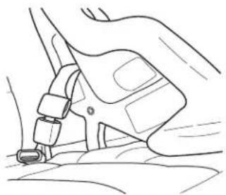 Line drawing of a hand using a belt buckle to adjust or install a seatbelt (no text or symbols present)