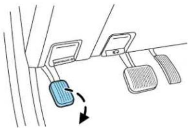 Diagram showing a car interior with three labeled equipment blocks and a blue component with directional arrow indicating rotation or movement.