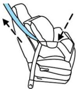 Diagram of a car seatbelt with a blue cable and directional arrows indicating motion (no text or symbols)