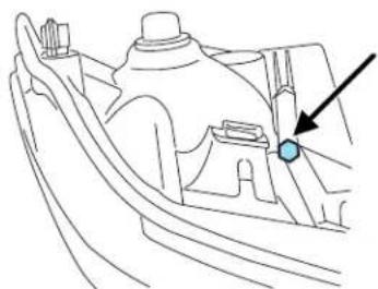 Technical line drawing of a mechanical component with a blue circular feature and an arrow pointing to it (no text or symbols present)