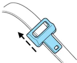 Illustration of a blue mechanical clamp or bracket with directional arrows indicating motion (no text or symbols)