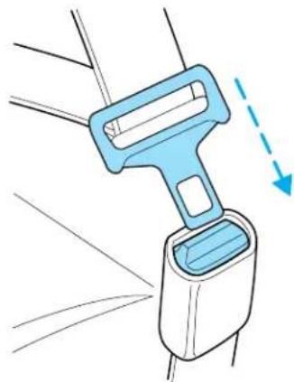 Illustration of a blue and white car seatbelt buckle with motion arrows indicating speed (no text or symbols)