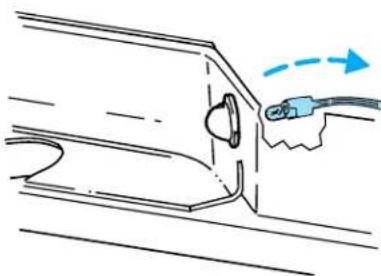 Technical line drawing of a mechanical component with a blue arrow indicating motion (no text or symbols)