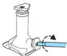 Technical line drawing of a mechanical component with a blue tool and directional arrow (no text or symbols)