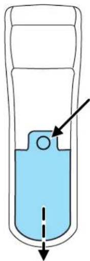 Diagram of a mechanical component with a blue piston and arrow indicating direction (no text or symbols)
