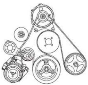 Technical line drawing of a mechanical pulley system with multiple wheels and levers (no text or labels)