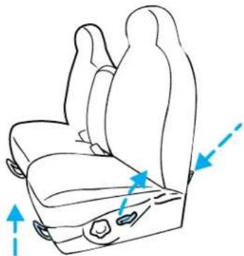 Line drawing of a car seat with blue directional arrows indicating movement or force (no text or symbols)