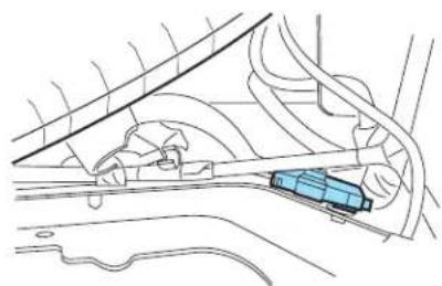 Diagram of a car interior with lane markings and a blue vehicle on the road (no text or symbols)