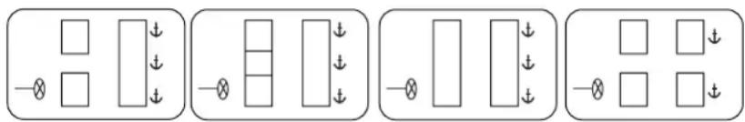 Diagram showing five different electrical or mechanical configurations with symbols and directional arrows indicating movement or polarity.