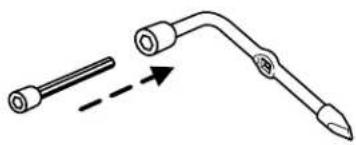 Diagram of a tool with two cylindrical components connected by a curved arm, showing an arrow indicating direction (no text or symbols present)