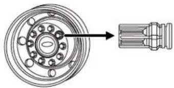 Technical illustration of a mechanical bearing assembly with a circular component and threaded shaft (no text or symbols)