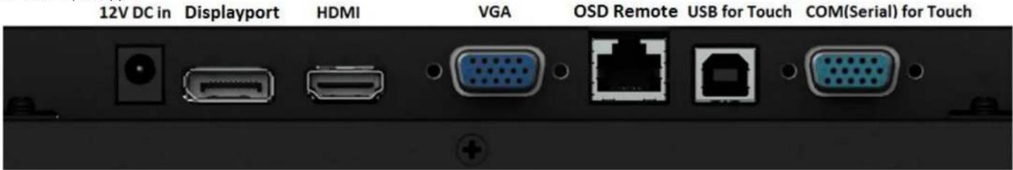 12V DC in Displayport HDMI VGA OSD Remote USB for Touch COM(Serial) for Touch