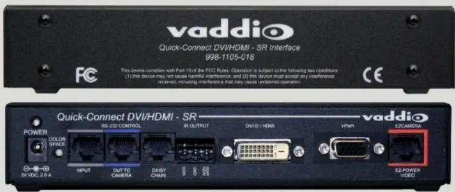 vaddio Quick-Connect DVI/HDMI - SR Interface 998-1105-018 This device complex with Pin 15 of the FCC Rules. Operation is subject to the following two conditions: (1) this device may not cause harmful interference, and (2) this device may accept any interference received, including interference that may cause unsecured operation. POWER COLOR SPACE N VDC ZBA INPUT OUT TO CAMERA DAISY CHMP R3 OUTPUT DV/D - HDMI VFP+ VDDI EQAMETER E2-POWER VIDEO Quick-Connect DVI/HDMI - SR - vaddio