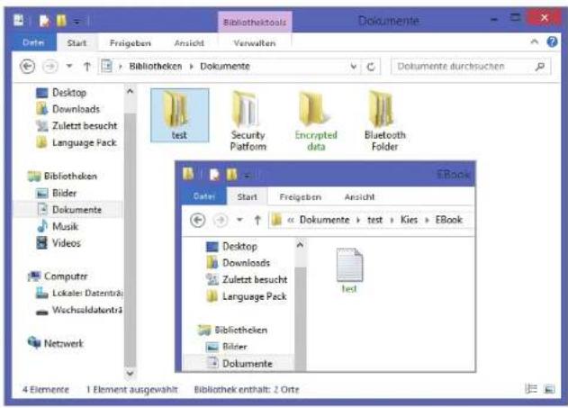 Bibliothektoals Dokumente Date: Start Freigeben Ansicht Verwalten Desktop Downloads Zuletzt besucht Language Pack Bibliotheken Bilder Dokumente Musik Videos Computerer Lokaler Datenträ Wüchsaldatenträ Netzwerk test Security Platform Encrypted data Bluetooth Folder EBook Date: Start Freigeben Ansicht « Dokumente » test Kies EBook Desktop Downloads Zuletzt besucht Language Pack Bibliotheken Bilder Dokumente 4 Element 1 Element ausgewahlt Bibliothek enthalt: 2 Orte