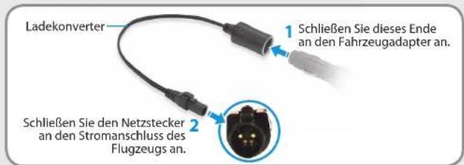 Ladekonverter 1 Schließen Sie dieses Ende an den Fahrzeugadapter an. Schließen Sie den Netzstecker an den Stromanschluss des Flugzeugs an.