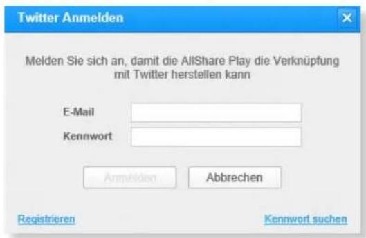 Twitter Anmelden Melden Sie sich an, damit die AllShare Play die Verknüpfung mit Twitter herstellen kann E-Mail Kennwort Anmelden Abbrechen Registrieren Kennwort suchen