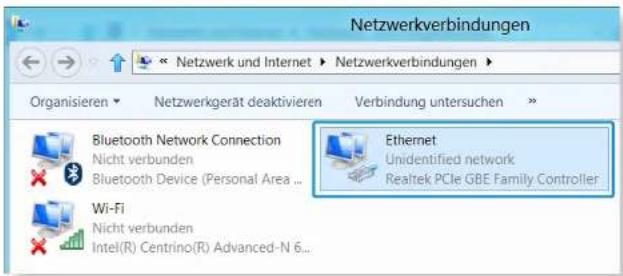 Netzwerkverbindungen Organisieren Netzwerk und Internet Netzwerkverbindungen Verbindung untersuchen Bluetooth Network Connection Nicht verbunden Bluetooth Device (Personal Area ... Wi-Fi Nicht verbunden Intel(R) Centrino(R) Advanced-N 6... Ethernet Unidentified network Realtek PCIe GBE Family Controller