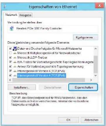 Eigenschaften von Ethernet Network Freigase Verbindung be idelten über Realtek PCIe BBE Family Controller Kontigenommen Diese Verbindung verwender folgende Elemente: ● Data- und Druckauftragabe für Microsoft-Netzwerke ○ Microsoft-Multiplexoroprotok für Networkadapter ○ Microsoft-LDDP-Treiber ○ E/A Traktor für Varnungsansichte Topologienkennungen ○ Anton für Verbindungsschicht Topologierkennung ○ Interoperatoket Version 5 (TCP/IPA) ○ Internetprotoket Version 6 (TCP/IPA) Installiert... Centristensen Eigenschaften Bestehung: TCP/IP, das Standardprotokelt für WAVN Netzwerks, das den Datenausach über verschiedene, mehrmander verbundene Netzwerks ermöglichts. OK Abbrachen