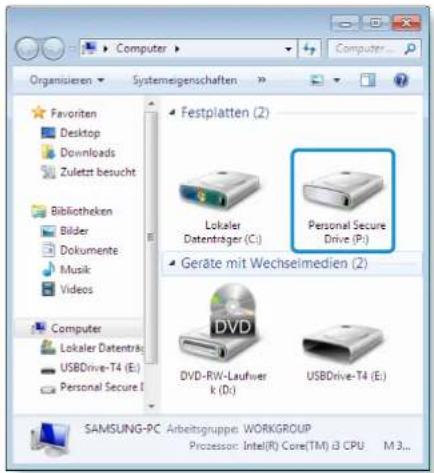 Organisieren Systemeigenschaften Favorites Desktop Downloads Zuletzt besucht Bibliotheken Bilder Dokumente Musik Videos Computer Lokaler Datenträte USBDrive-T4 (E:) Personal Secure I Festplatten (2) Lokaler Datenträger (C:) Personal Secure Drive (P:) Geräte mit Wechselmedien (2) DVD DVD-RW-Laufwer k (D:) USBDrive-T4 (E:) SAMSUNG-PC: Arbeitsgruppe: WORKGROUP Processor: Intel(R) Core(TM) i3 CPU M 3...