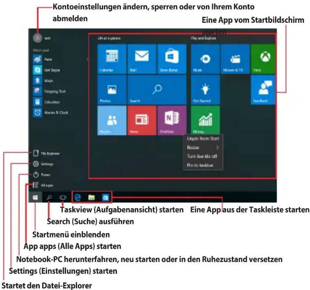 Kontoeinstellungen ändern, sperren oder von Ihrem Konto abmelden Eine App vom Startbildschirm starten Startmen File at a glance Play and Explore Calendar Mail Store (Beta) Music Movies & TV Zoom Photos Search Get Started Feedback Recycle News OneNote Money Unpin from Start Resume > Turn live file off Pin to taskbar Taskview (Aufgabenansicht) starten Search (Suche) ausführen Eine Appaus der Taskleiste starten Startmenü einblenden App apps (Alle Apps) starten Notebook-PC herunterfahren, neu starten oder in den Ruhezustand versetzen Settings (Einstellungen) starten Startet den Datei-Explorer