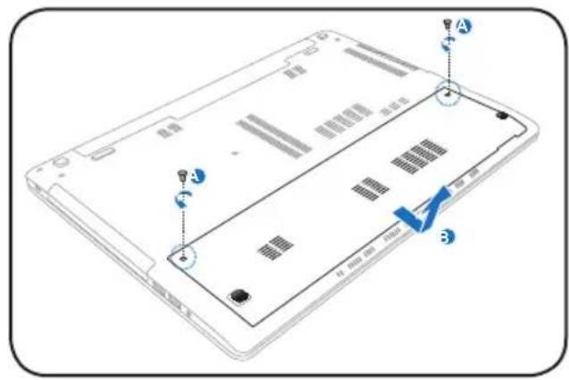 Labeled diagram of a laptop showing internal components and a blue arrow indicating a specific location on the screen.