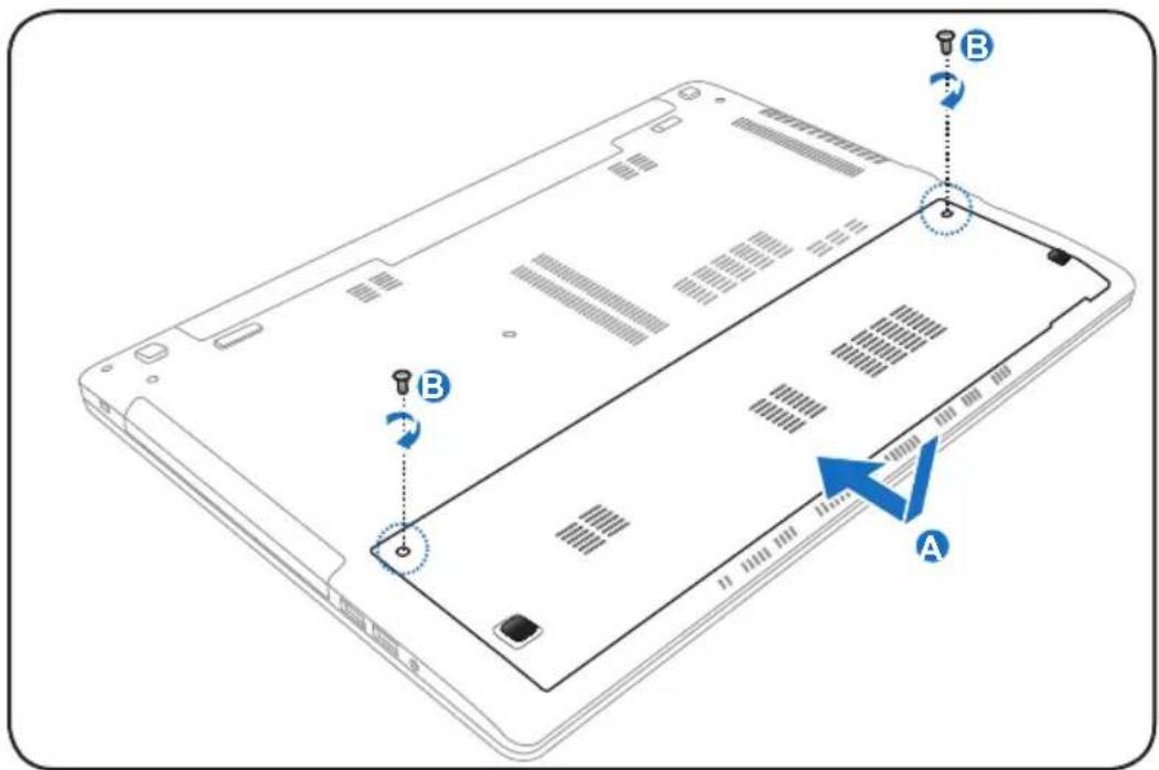 Diagram of a laptop with labeled parts and directional arrows indicating assembly or operation