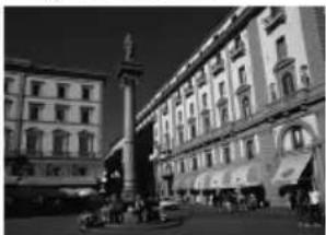 Black-and-white street scene featuring a tall column of historic buildings with a prominent clock tower and pedestrians (no visible text or signage)