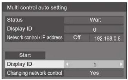 Multi control auto setting Status Wait Display ID 0 Network control / IP address Off 192.168.0.8 Start Display ID 1 Changing network control Yes