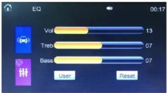 | Model | Value | |---|---| | Vol | 13 | | Treb | 07 | | Bass | 07 | User Reset