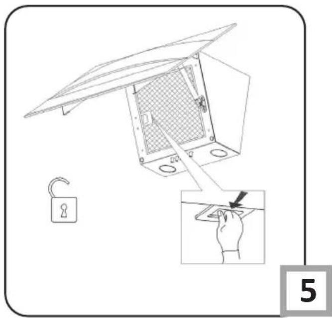 Diagram showing installation of a metal enclosure with lock and lock switch, including a close-up view of the component being held.