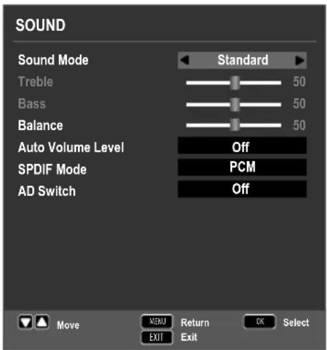SOUND Sound Mode Standard Treble 50 Bass 50 Balance 50 Auto Volume Level Off SPDIF Mode PCM AD Switch Off Move MENU Return OK Select EXIT Exit