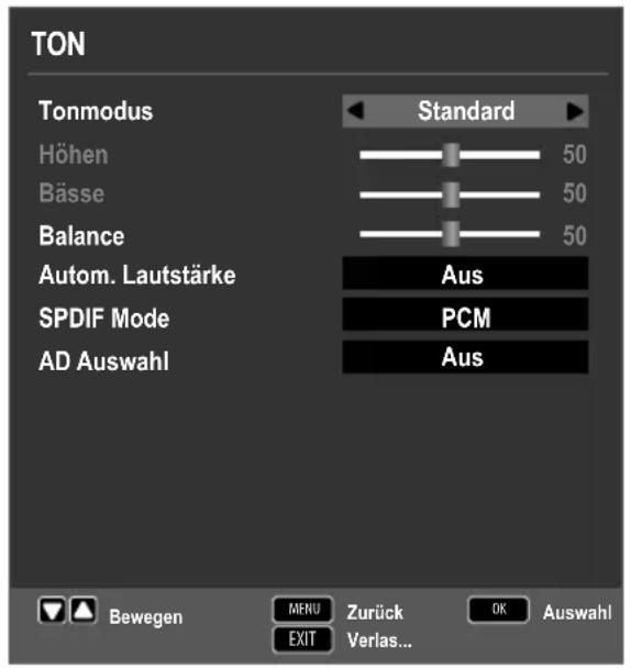 TON Tonmodus Standard Höhen 50 Bässe 50 Balance 50 Autom. Lautstärke Aus SPDIF Mode PCM AD Auswahl Aus Bewegen MENU Zurück OK Auswahl EXIT Verlas...