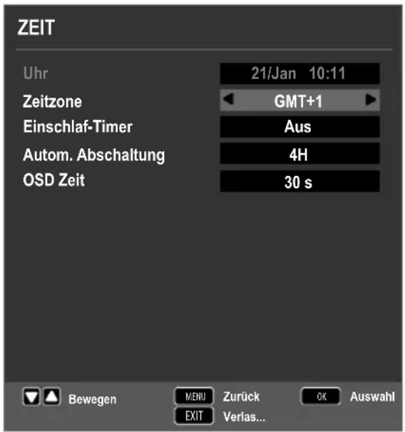 ZEIT Uhr 21/Jan 10:11 Zeitzone GMT+1 Einschlaf-Timer Aus Autom. Abschaltung 4H OSD Zeit 30 s Bewegen MENU Zurück OK Auswahl EXIT Verlas...
