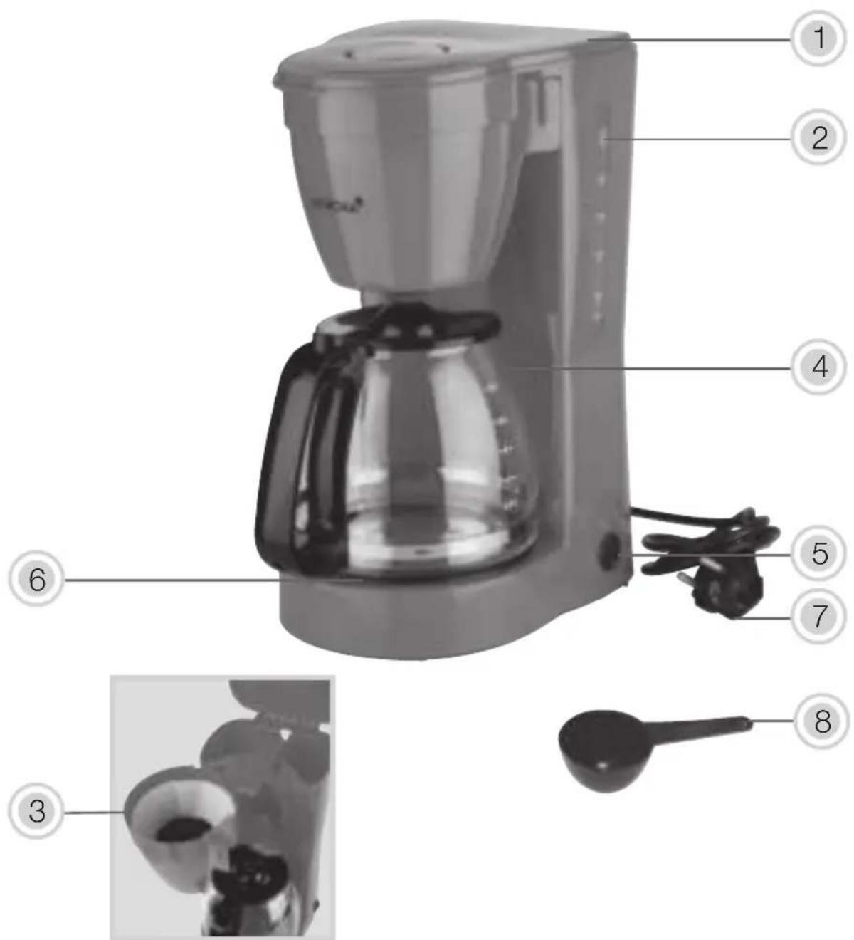 Labeled diagram of a coffee maker with numbered parts for identification and assembly reference.