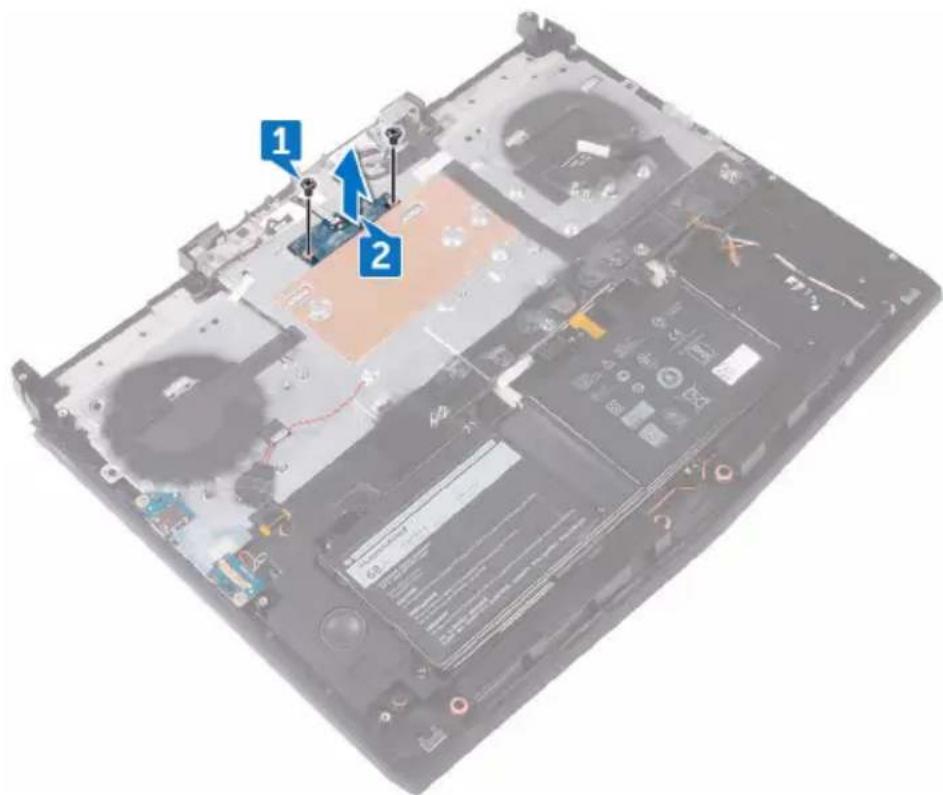 Laptop interior with numbered annotations pointing to electronic components and wiring