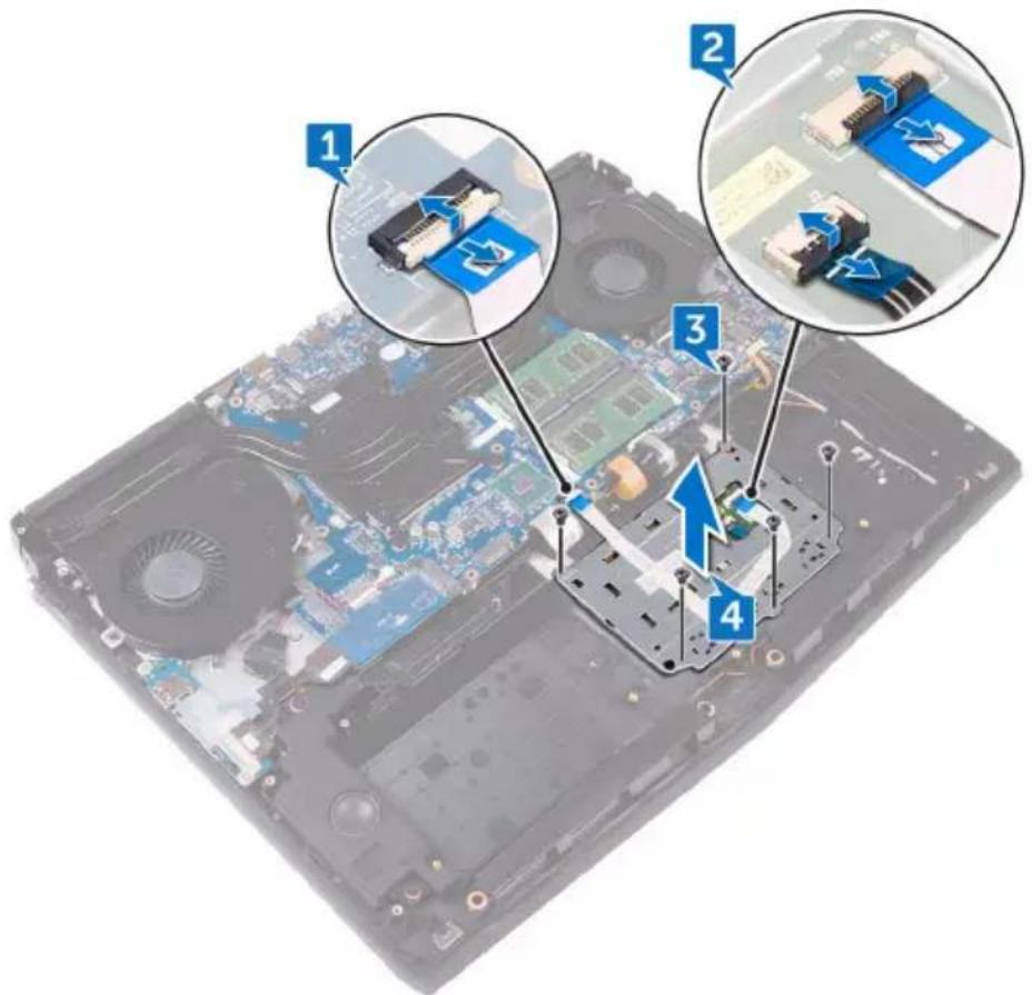 Laptop interior with numbered annotations showing component assembly steps: 1, 2, 3, and 4.