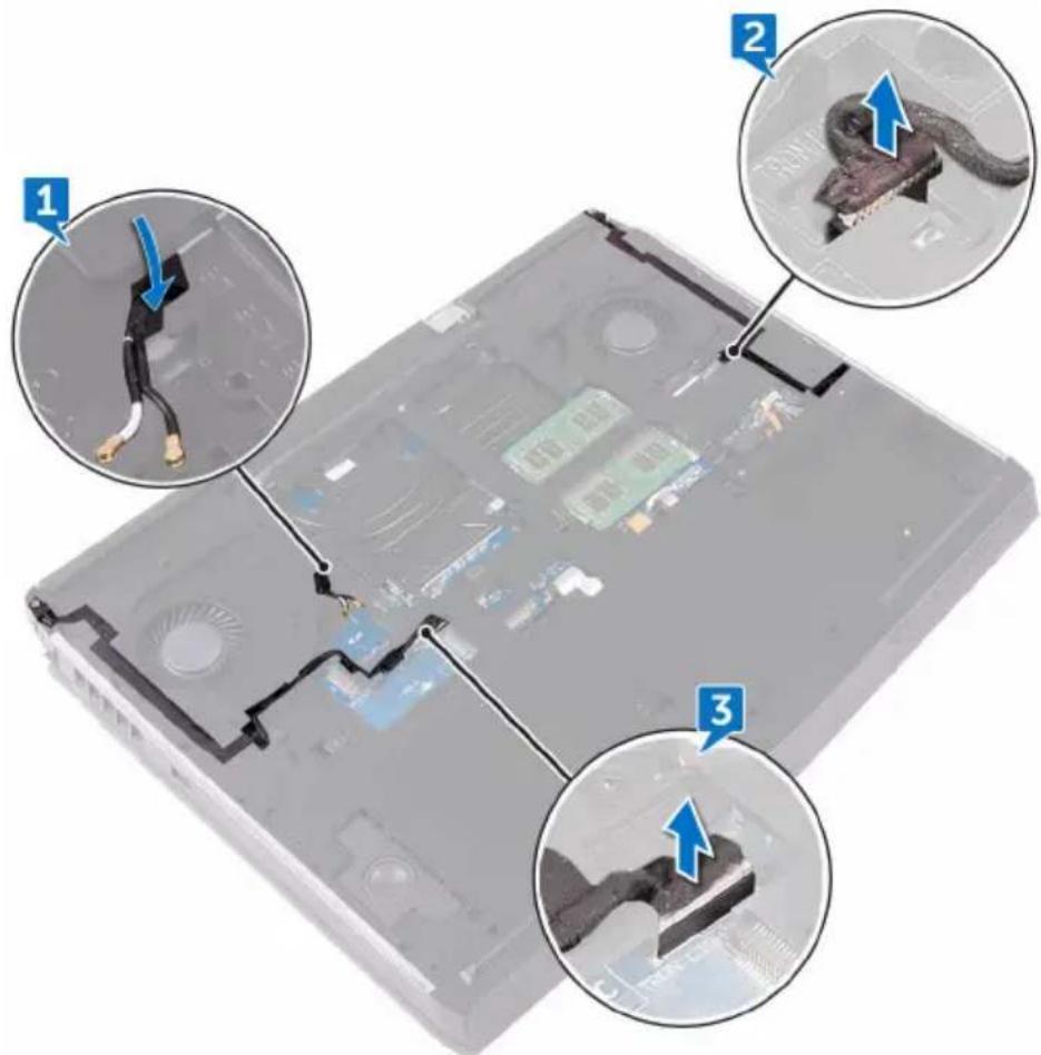 Laptop interior with three labeled views showing cable installation steps: 1, 2, and 3.