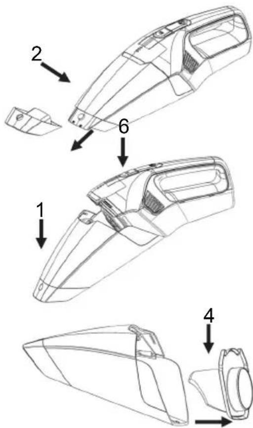 Technical diagram showing a 3D model of a vacuum cleaner with labeled parts and directional arrows indicating assembly steps.